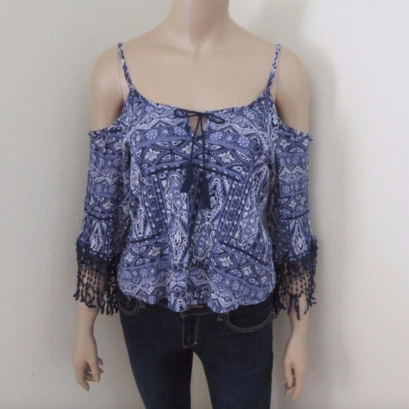 Hollister Womens Cold Shoulder Fringe Printed Peasant Top Size Small - Picture 1 of 4
